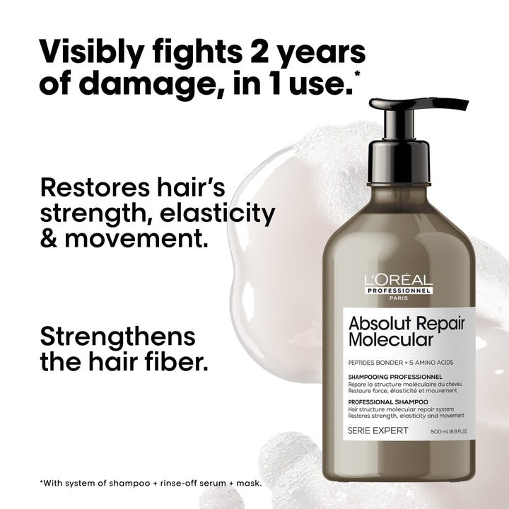 L'Oréal Professionnel Paris Absolut Repair Molecular Shampoo - Bond Building & Hair Strengthening Shampoo, For All Color Treated and Damaged Hair, With Peptide Bonder & Amino Acids, Sulfate-Free Retail $48.00
