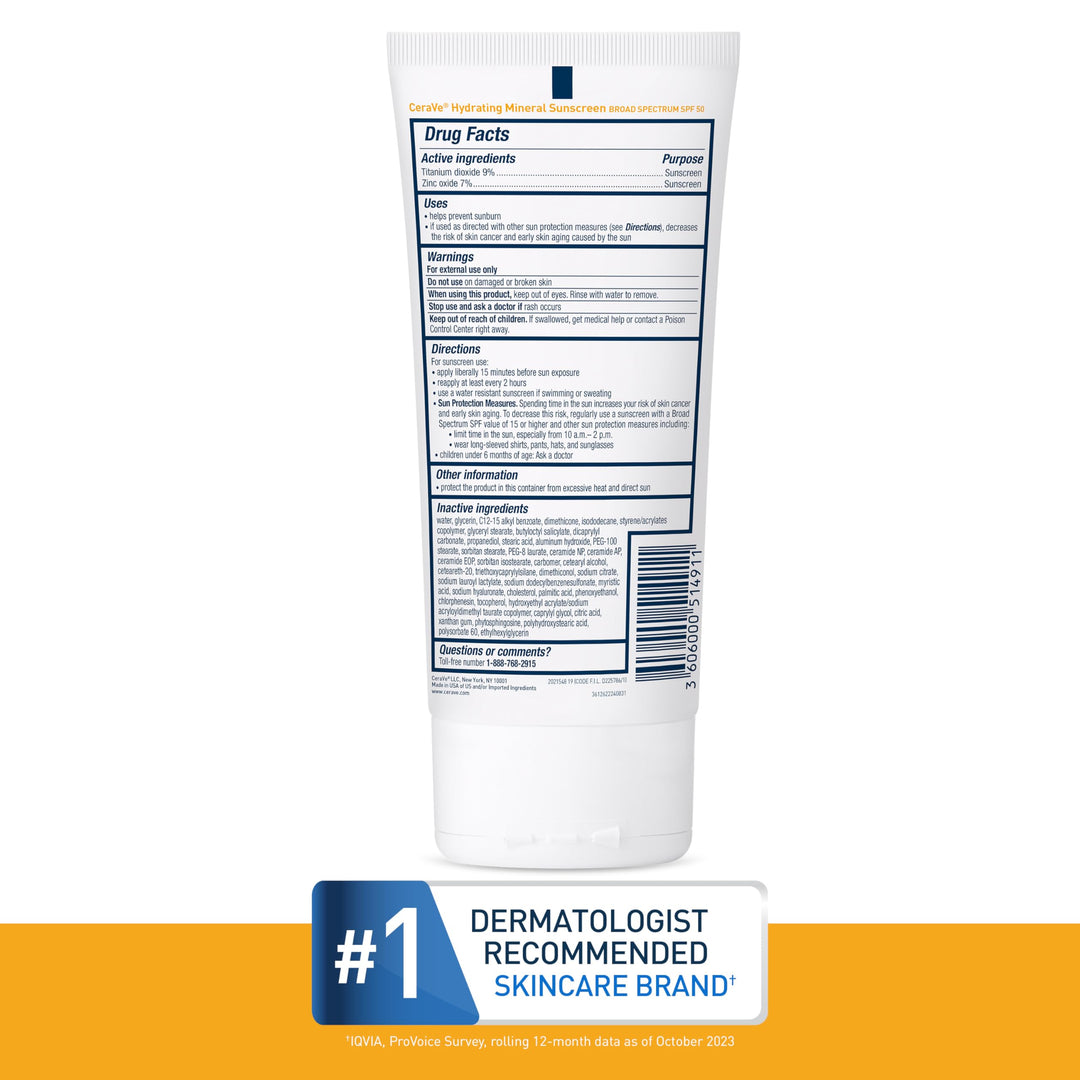 CeraVe 100% Mineral Sunscreen SPF 50 with Zinc Oxide & Titanium Dioxide, Hyaluronic Acid & Ceramides, Oil Free & Non-Greasy, Hydrating Mineral Sunscreen For Body, 5 oz