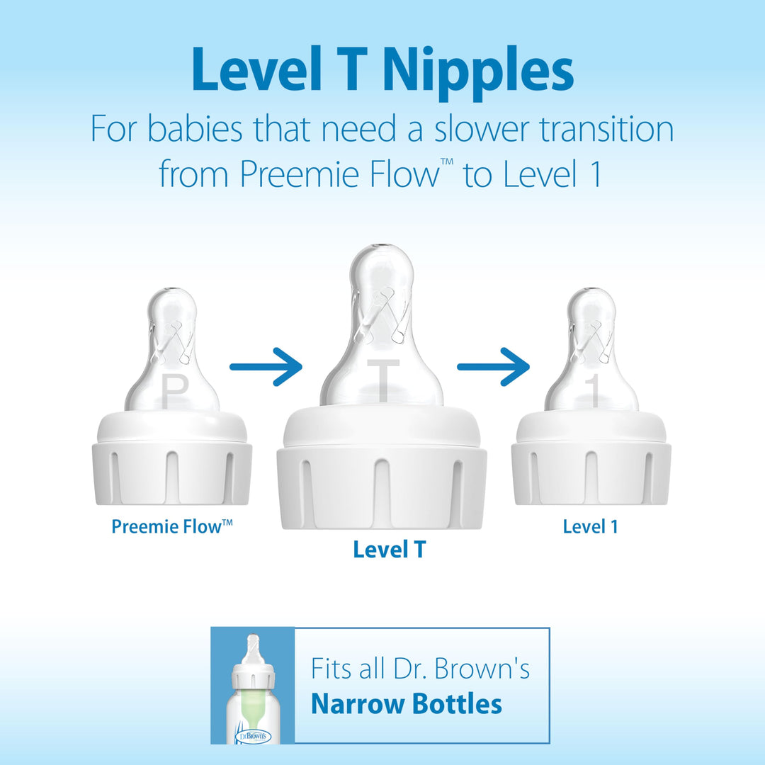 Dr. Brown's Natural Flow Level T Narrow Baby Bottle Nipple, Newborn Slow Flow, 0m+, 100% Silicone, 6-Pack Retail $13.99