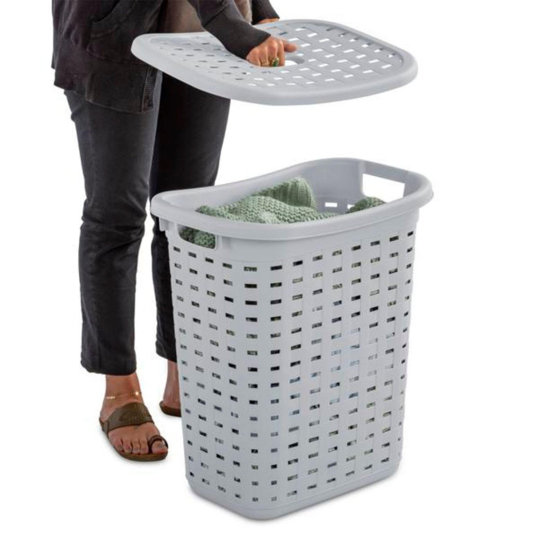 Sterilite Plastic Weave Laundry Hamper with Lid, Decorative Pattern with Handles to Carry Clothes Between the Laundry Room and Bedroom, Gray, 4-Pack Retail $11.99