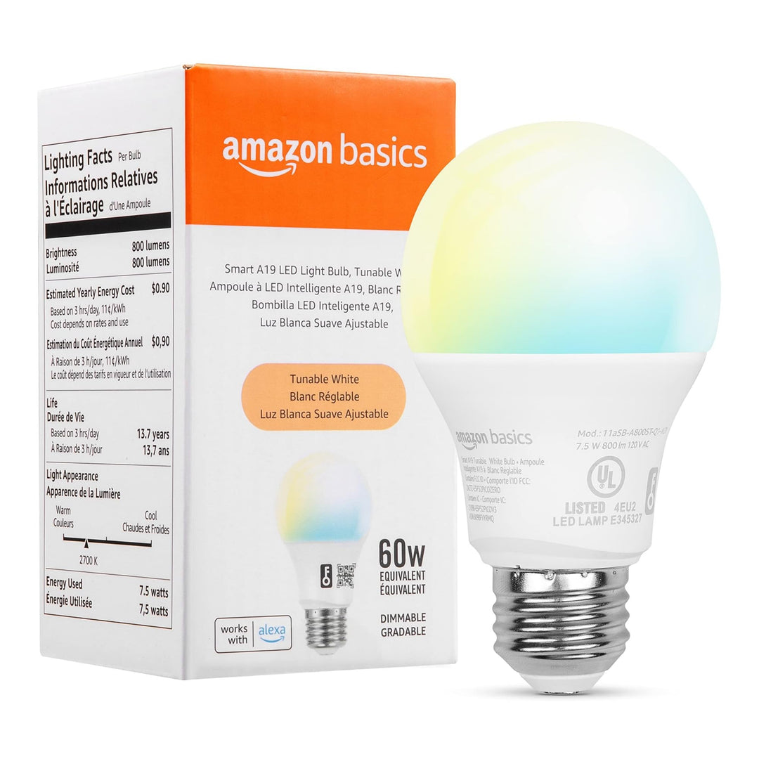 Amazon Basics Smart Indoor LED Light Bulb, Sunset-to-Midnight Activated, Works with Alexa Only, Tunable White, 7.5 W, 1-Pack Retail $11.99