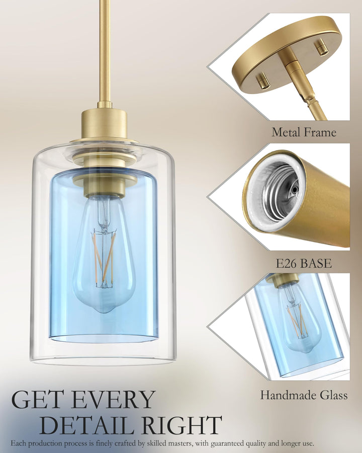 Dolaimi House 1 Light Indoor Mini Hanging Kitchen Island Pendant Light with Gold Finish,Clear Frosted Glass Chandelier Shade for Bar,Dining Room Over Sink (Blue Glass, 3 Pack) Retail $75.99