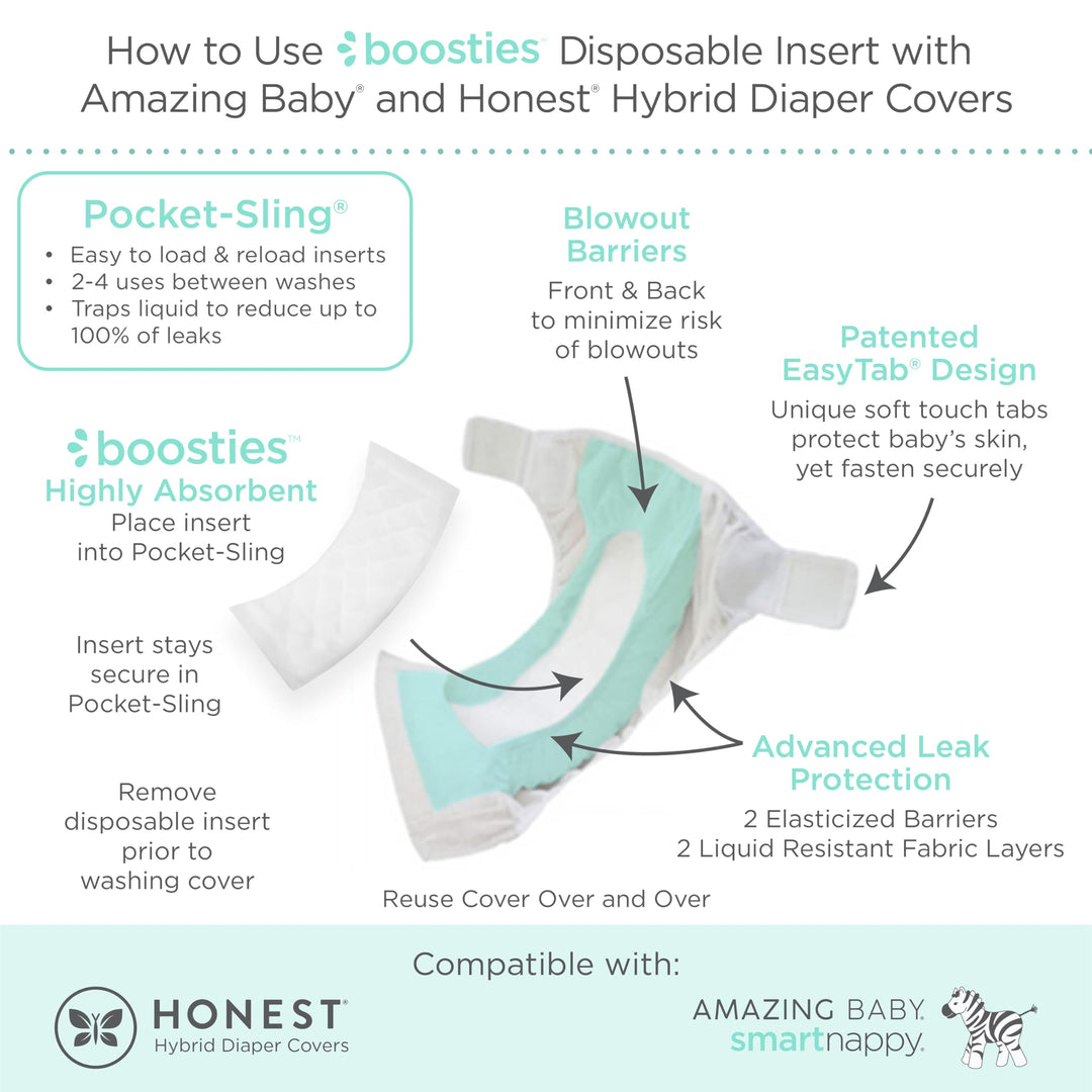 Overnight Diaper Leak Stopper, Super Boosties Disposable Inserts, Use with Pampers Sizes 4-6, Honest Hybrid Diaper Cover Sz Medium/Large, Amazing Baby Cover Sz 3/4, 4.3x13 in, 30 Count