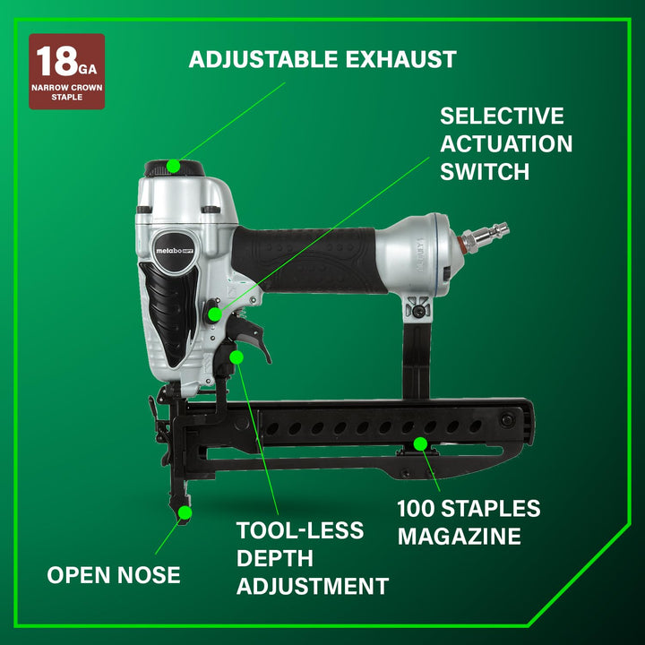 Metabo HPT Narrow Crown Stapler, Pro-Preferred Pneumatic Power Nailers, Finish Stapler for Furniture & Cabinetry, Lightweight Trim Tool, Ergonomic Design, 18 Gauge, 1/2" to 1-1/2" Staples, N3804AB3