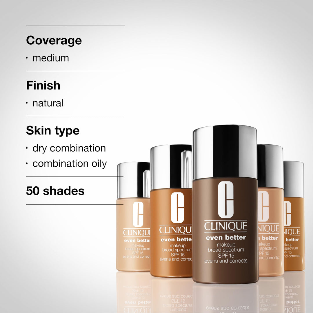 Clinique Even Better Makeup Liquid Foundation SPF 15 With Vitamin C For Dry + Oily Combination Skin Types | Medium Coverage + Natural Finish | Evens Skin Tone + Reduces Dark Spots, Tea, 1 Fl Oz