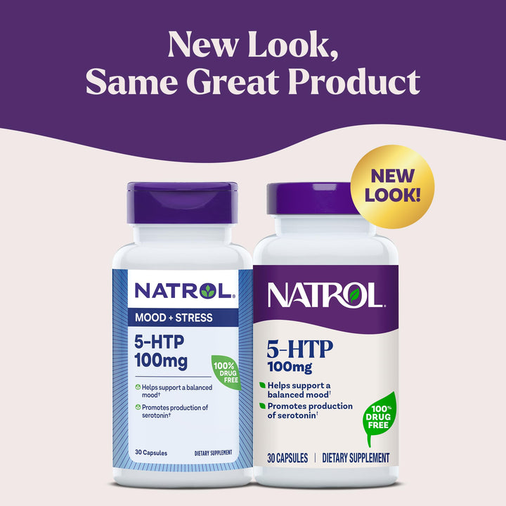 Natrol Mood + Stress 5-HTP 100 mg, Dietary Supplement for a Balanced Mood, Capsules for Adults, 30 Capsules, Up to a 30 Day Supply