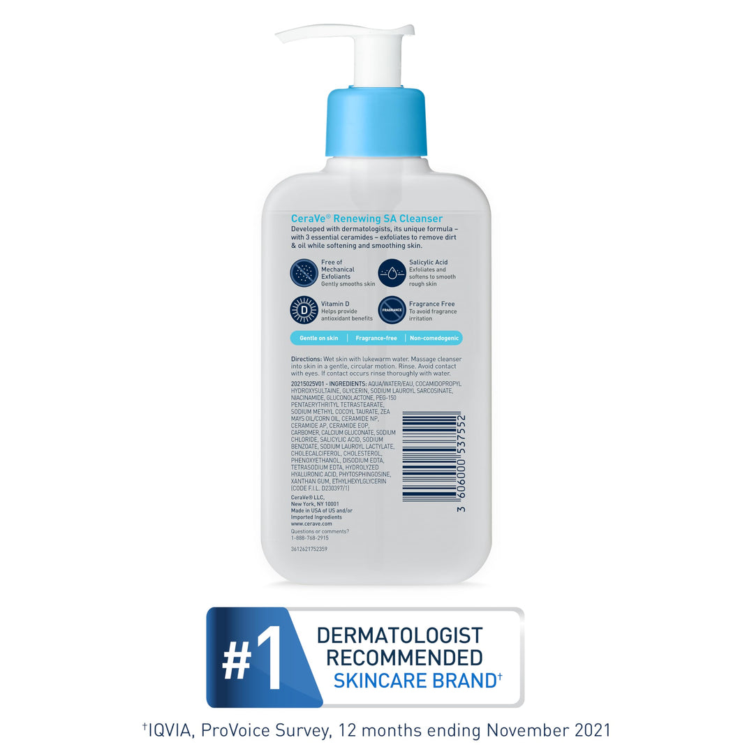 CeraVe Renewing Salicylic Acid Cleanser, Formulated With Hyaluronic Acid, Niacinamide, & Ceramides, Gentle BHA Exfoliating Face Wash Smooths & Softens Skin, Non Comedogenic & Fragrance Free, 8 Ounce