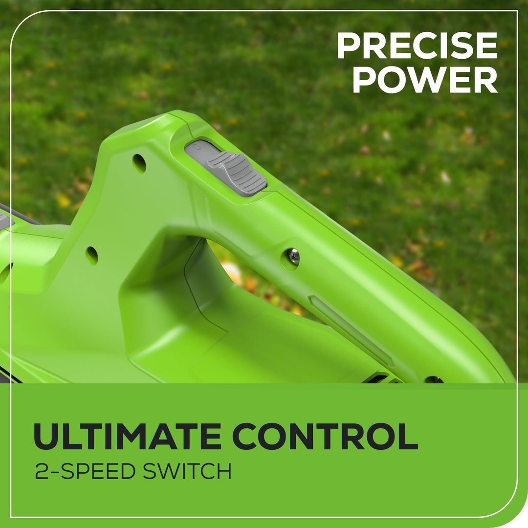 Greenworks 24V (90 MPH / 320 CFM / 200+ Compatible Tools) Cordless Axial Leaf Blower, 2.0Ah Battery and Charger Included