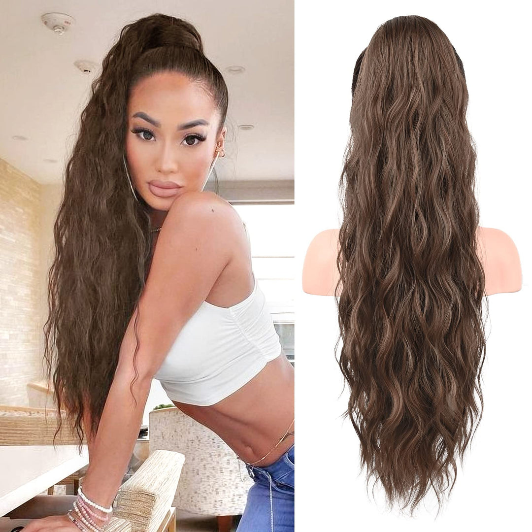 FLUFYMOOZ Ponytail Extension, 26 Inch Drawstring Ponytail Hair Extensions for Women, Long Curly Wavy Ponytail Natural Wavy Synthetic Hairpiece for Women (26 Inch Brown with Auburn)
