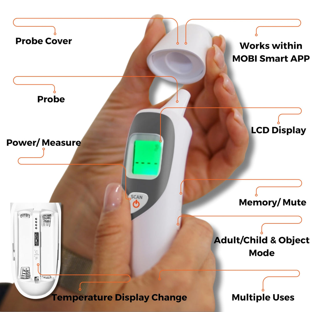MOBI CONNECT Smart DualScan Bluetooth Ear & Forehead Thermometer - Backlit Screen, LED Fever Indicators, Memory Recall of Last 20 Readouts, Farenheit & Celsius Mode, Room Temperate with Date & Time Retail $24.00