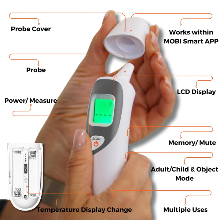 MOBI CONNECT Smart DualScan Bluetooth Ear & Forehead Thermometer - Backlit Screen, LED Fever Indicators, Memory Recall of Last 20 Readouts, Farenheit & Celsius Mode, Room Temperate with Date & Time Retail $24.00