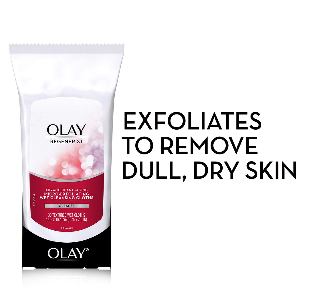 Olay Makeup Remover Wipes, Regenerist Micro-Exfoliating Wet Cleansing Cloths, Facial Cleanser for Women - Exfoliates, Refreshes, Smooths Texture, Travel Approved, 30 ct Retail $7.49