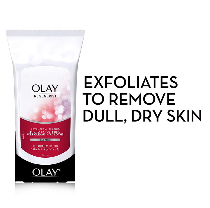 Olay Makeup Remover Wipes, Regenerist Micro-Exfoliating Wet Cleansing Cloths, Facial Cleanser for Women - Exfoliates, Refreshes, Smooths Texture, Travel Approved, 30 ct Retail $7.49