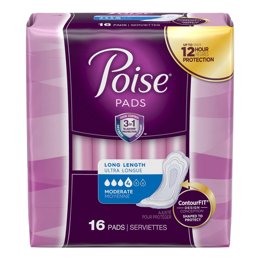 Poise Moderate Absorbency Incontinence Pads, Long, 16 Count (Pack of 6)