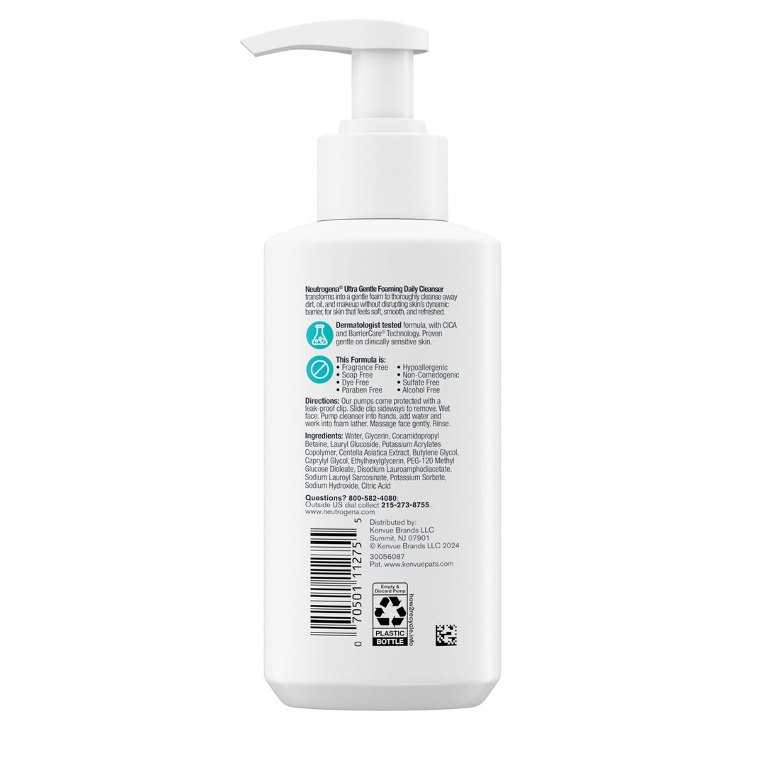 Neutrogena Ultra Gentle Foaming Facial Cleanser, Foaming Face Wash for Sensitive Skin, Gently Cleanses Away Dirt, Oil & Makeup Without Over Drying, Fragrance-Free, 5.8 fl. oz
