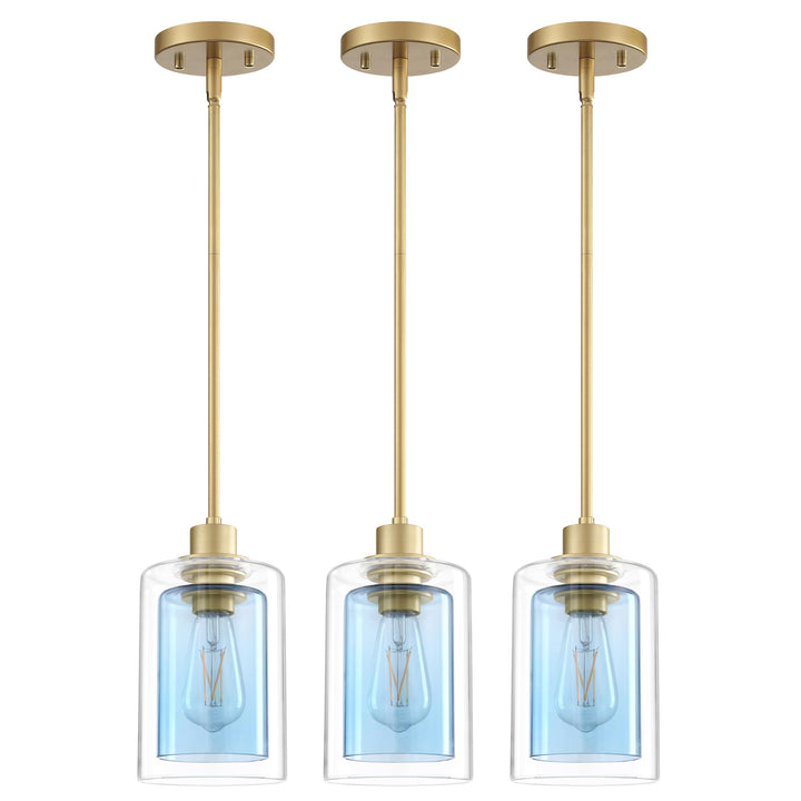 Dolaimi House 1 Light Indoor Mini Hanging Kitchen Island Pendant Light with Gold Finish,Clear Frosted Glass Chandelier Shade for Bar,Dining Room Over Sink (Blue Glass, 3 Pack) Retail $75.99