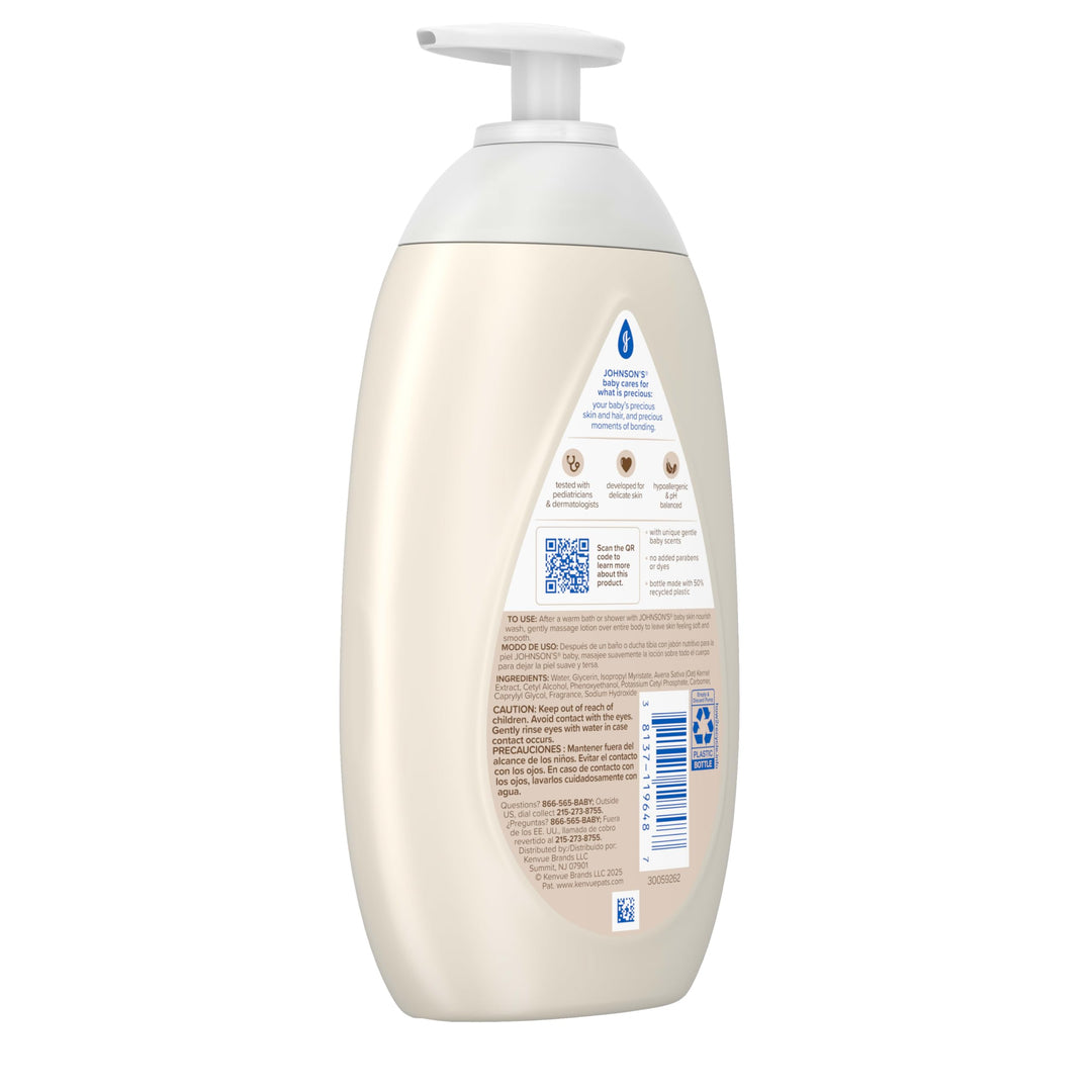 Johnson's Skin Nourishing Baby Lotion, Vanilla & Oat Scents, Hypoallergenic Baby Body Lotion for 72 Hour Hydration Until Baby's Next Bath Moisturizes & Protects from Dryness, 16.9 fl. oz