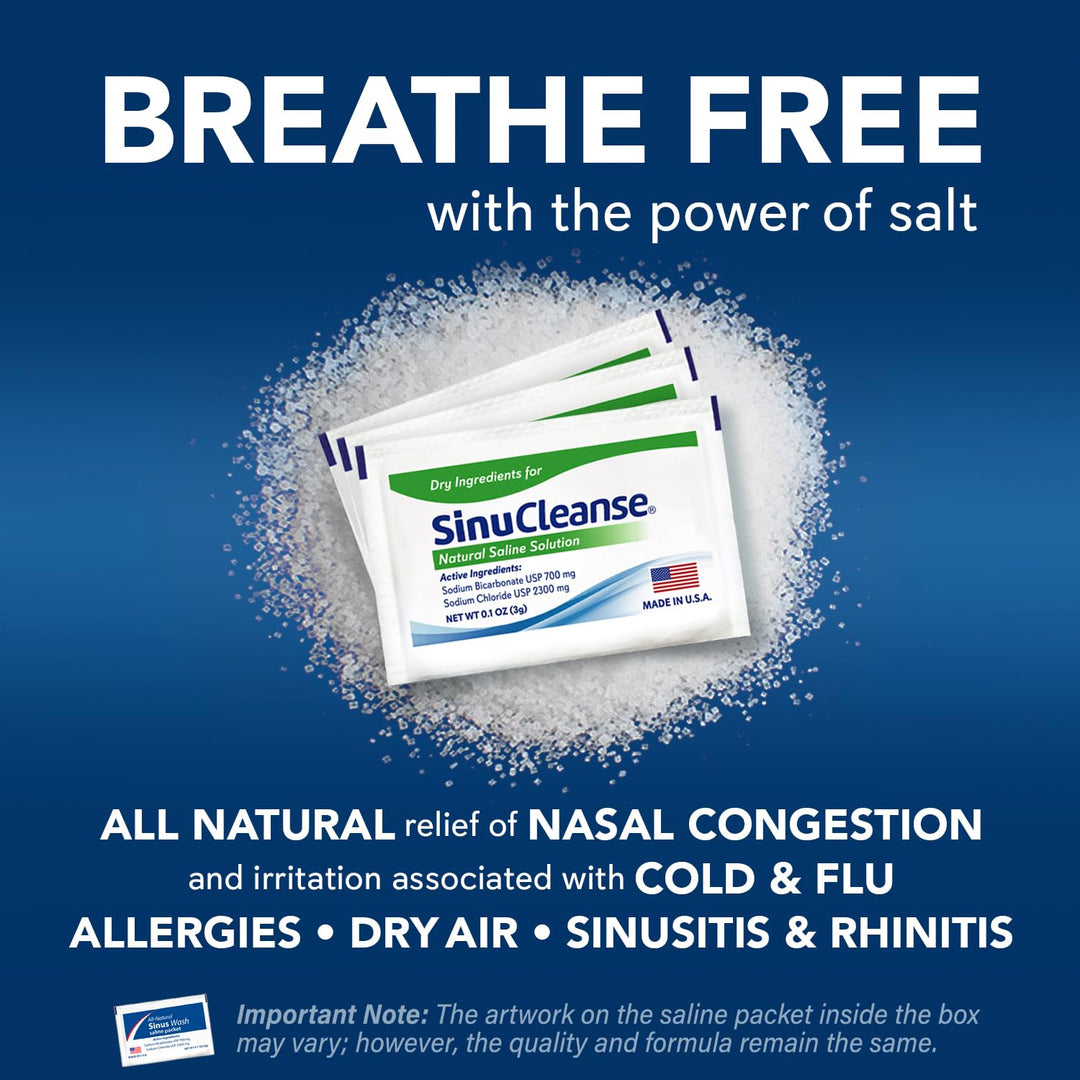 SinuCleanse Soft Tip Micro-Filtered Nasal Wash System, Relieves Nasal Congestion Due to Cold & Flu, Dry Air, Allergies, 30 All-Natural Saline Packets, Made in USA