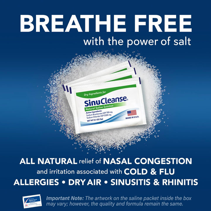 SinuCleanse Soft Tip Micro-Filtered Nasal Wash System, Relieves Nasal Congestion Due to Cold & Flu, Dry Air, Allergies, 30 All-Natural Saline Packets, Made in USA