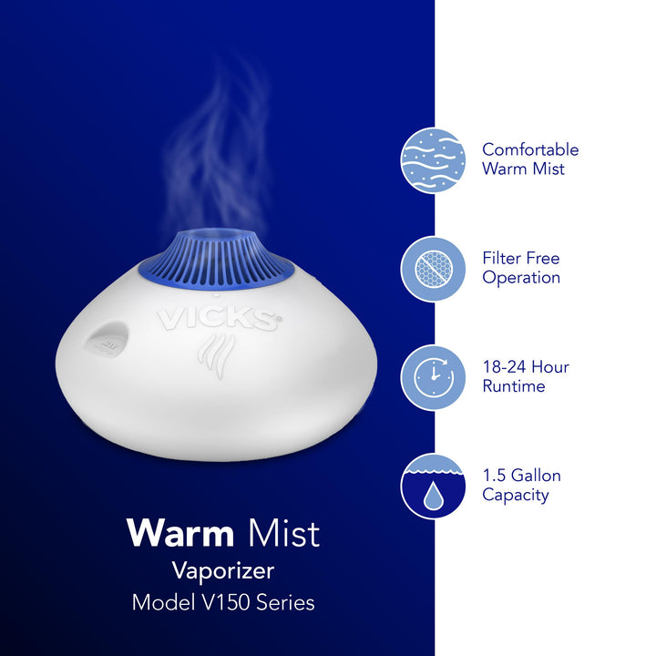 Vicks Warm Steam Vaporizer, Small to Medium Rooms, 1.5 Gallon Tank Ã¢â‚¬â€œ Warm Mist Humidifier for Baby and Kids Rooms with Night Light, Works with Vicks VapoPads and VapoSteam