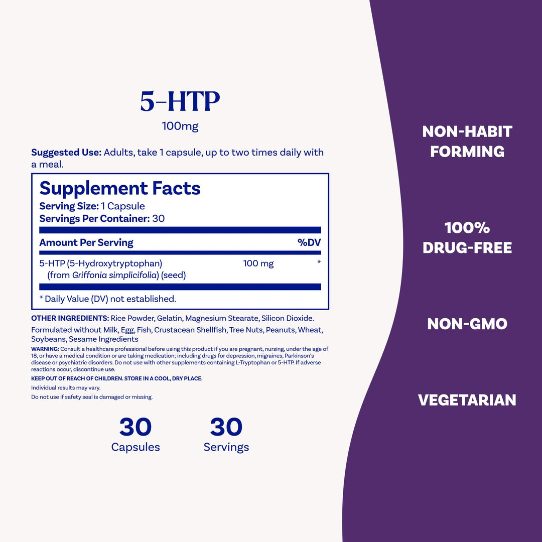 Natrol Mood + Stress 5-HTP 100 mg, Dietary Supplement for a Balanced Mood, Capsules for Adults, 30 Capsules, Up to a 30 Day Supply