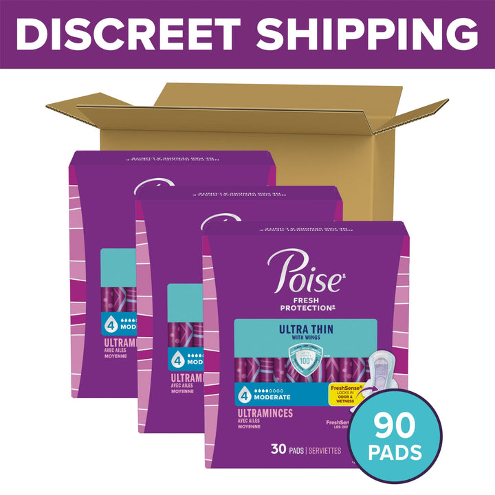 Poise Ultra Thin Incontinence & Postpartum Pads with Wings for Bladder Leaks, 4 Drop Moderate Absorbency, Regular Length, 26 pads Count, Packaging May Vary