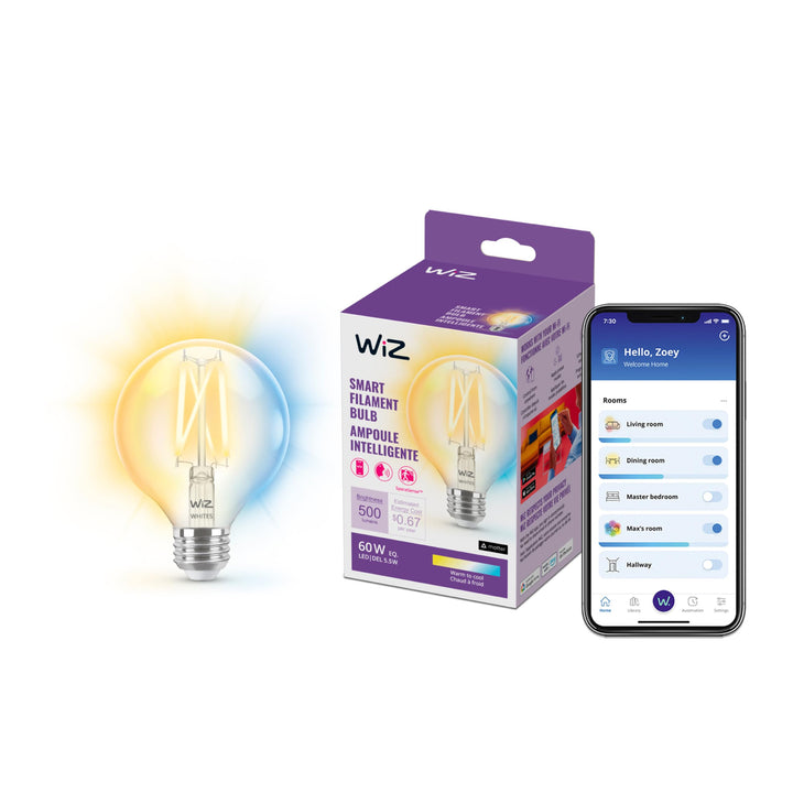 WiZ Connected 60W G25 Tunable White Filament Smart Light Bulbs - E26 LED Bulb - Control with Voice or App + Activate with Motion - Matter Compatible - 1 Pack Retail $15.39