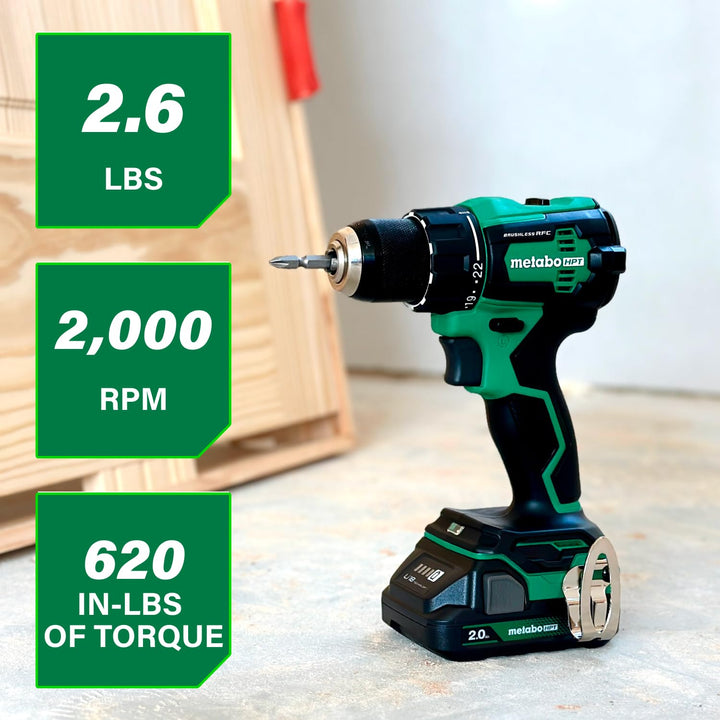 Metabo HPT 18V MultiVolt 1/2" Cordless Brushless Driver Drill Kit, High Power Drill Set with Bag, 2 Lithium-Ion Metabo Batteries and Charger, Compact Lightweight Power Driver, DS18DEX Retail $179.00