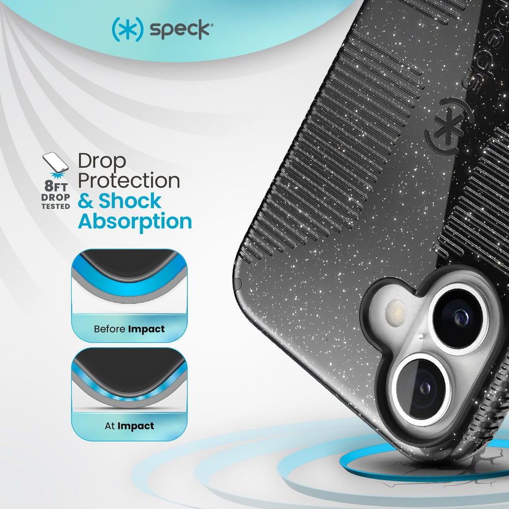 Speck CandyShell Grip Case iPhone 16 Plus - Slim MagSafe - Black Glitter/Steel Black Retail $39.95