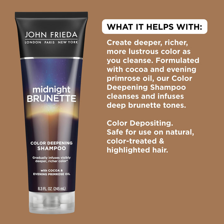 John Frieda Midnight Brunette Shampoo, Color Deepening Shampoo to Enhance and Refresh Brunette Tones, Cocoa and Primrose Oil-Infused Shampoo to Revive Brunette Color, 8.3 Oz