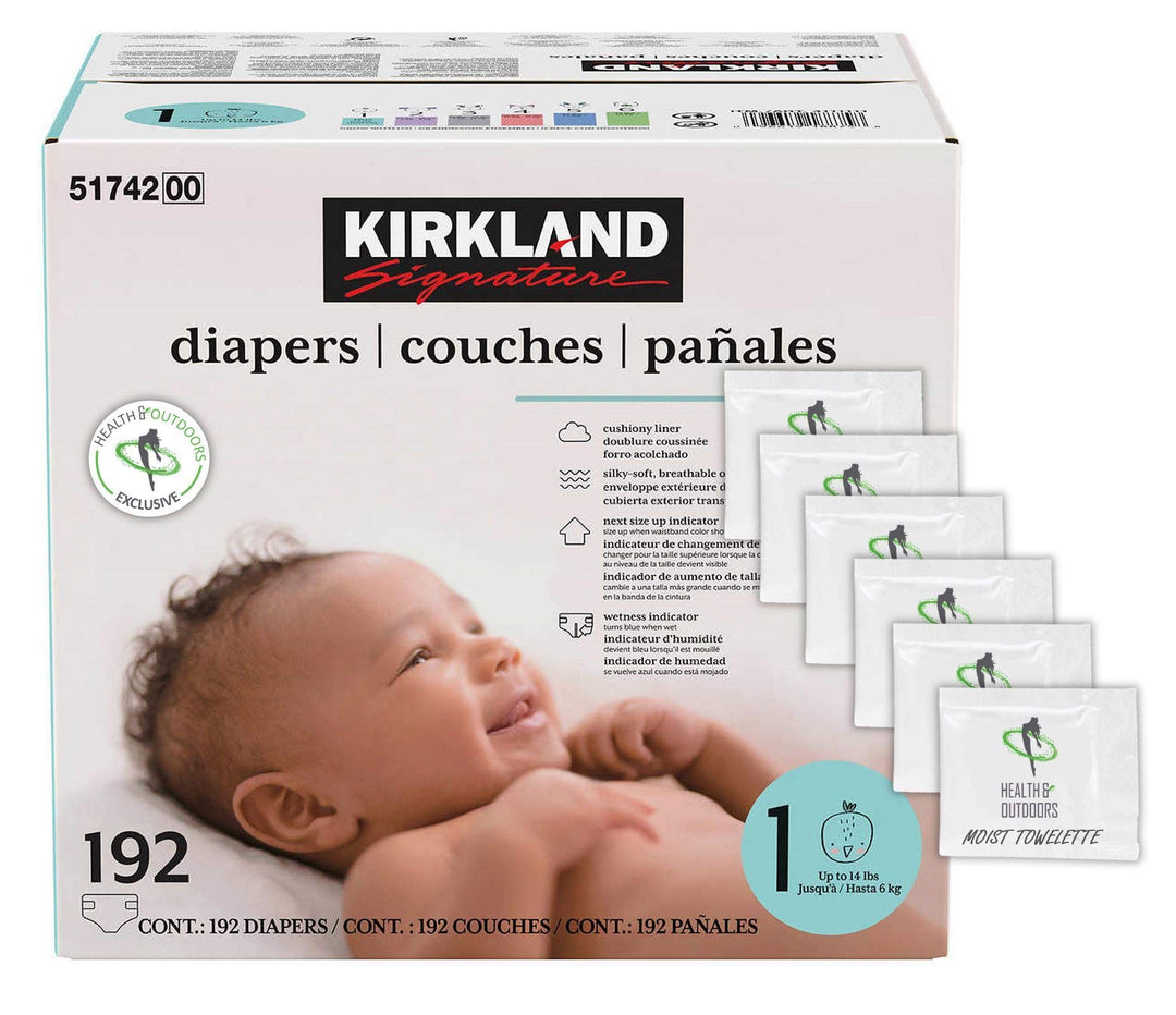 Kirkland Signature Diapers Size 1 (Up to 14 Pounds) 192 Count W/Exclusive Health and Outdoors Wipes Retail $73.45