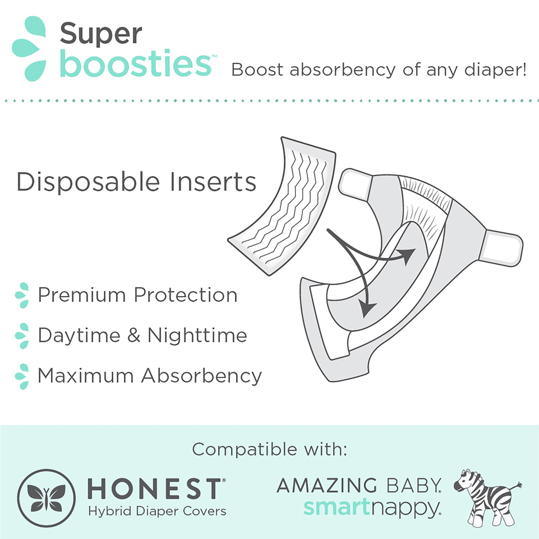 Overnight Diaper Leak Stopper, Super Boosties Disposable Inserts, Use with Pampers Sizes 4-6, Honest Hybrid Diaper Cover Sz Medium/Large, Amazing Baby Cover Sz 3/4, 4.3x13 in, 30 Count
