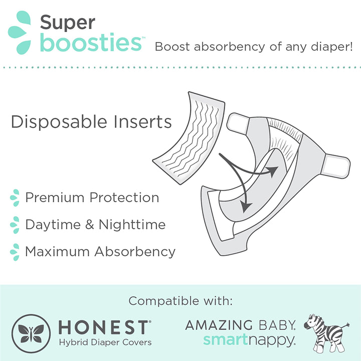 Overnight Diaper Leak Stopper, Super Boosties Disposable Inserts, Use with Pampers Sizes 4-6, Honest Hybrid Diaper Cover Sz Medium/Large, Amazing Baby Cover Sz 3/4, 4.3x13 in, 30 Count