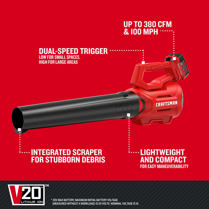 CRAFTSMAN V20 Cordless Axial Leaf Blower Kit, Includes 4.0 Ah Battery and Charger, 100 MPH and 380 CFM Clearing Power, Lightweight, 2 Speed Trigger (CMCBL700M1) Retail $119.00