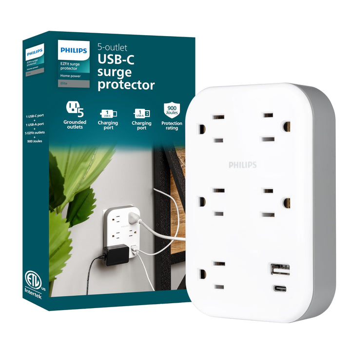 Philips EZFit 5-Outlet Extender Wall Tap with Surge Protection, Grounded Adapter, Charging Station, 3 Prong, 1 USB-A, 1 USB-C, 900J, White, SPP3513W/37 Retail $26.99
