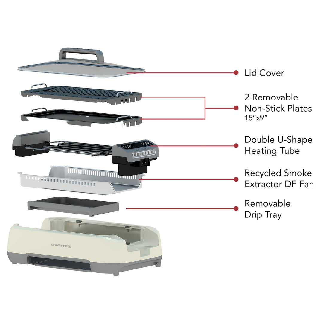 OVENTE Smokeless Indoor Grill, 1500W Electric Portable Korean BBQ Grill with One-Touch Control, LED Smart Display, Tempered Glass Lid, Two Removable Non-Stick and Dishwasher Safe Plates, White SGR85W