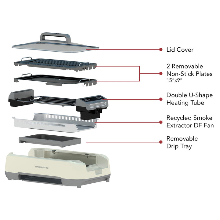 OVENTE Smokeless Indoor Grill, 1500W Electric Portable Korean BBQ Grill with One-Touch Control, LED Smart Display, Tempered Glass Lid, Two Removable Non-Stick and Dishwasher Safe Plates, White SGR85W