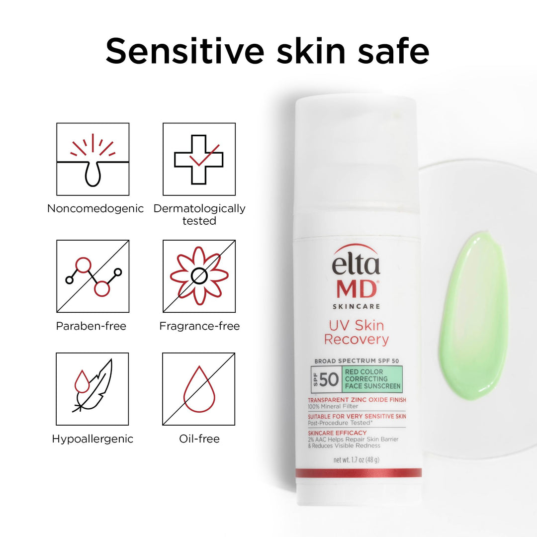 EltaMD UV Skin Recovery Green Tint All Mineral, Redness Reduction, Sensitive Skin Face Sunscreen SPF 50
