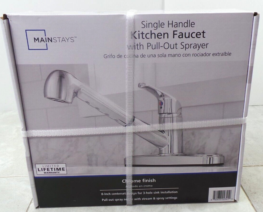 Mainstays Single Handle Kitchen Sink Faucet with Pull-Out Sprayer and Chrome Finish Retail $37.40