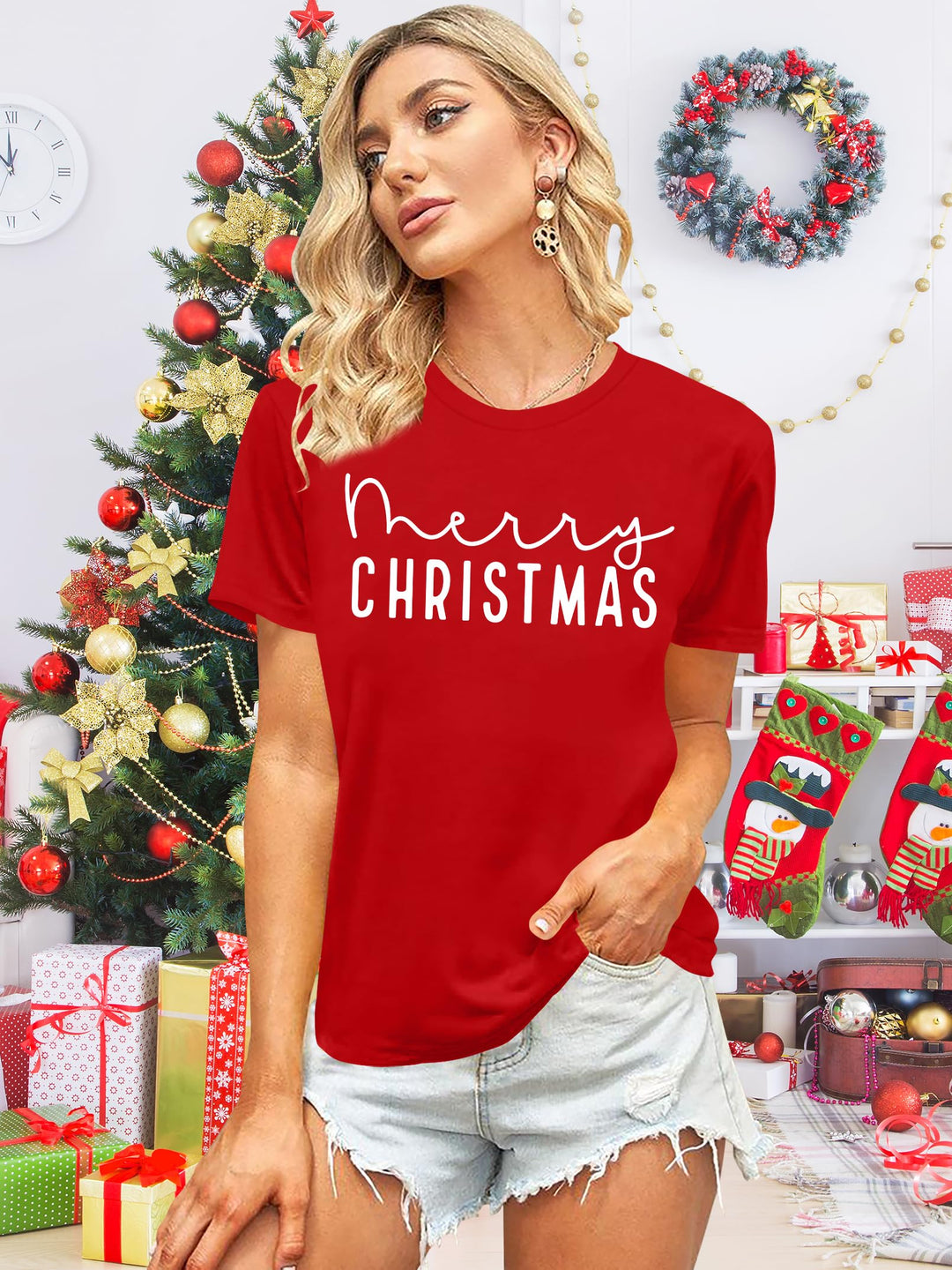 Christmas Shirts Women Merry and Bright Tshirts Xmas Graphic Print Short Sleeve Bleached Tees Holiday Top Retail $17.00