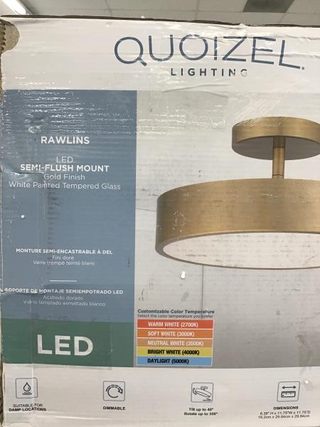 Quoizel Lighting Rawlins LED Semi-Flush Mount, Gold Finish, White Painted Tempered Glass, Customizable Color Temperature Retail $150.00