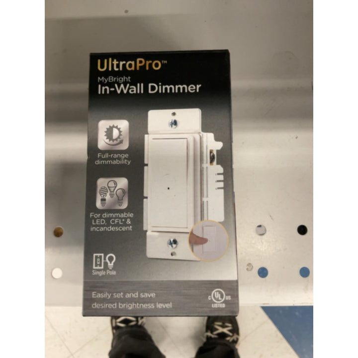 UltraPro, Dimmable LED, CFL & Incandescent Bulbs, Single Pole, On/Off Rocker Switch, Button, White, 49445 MyBright in-Wall Dimmer