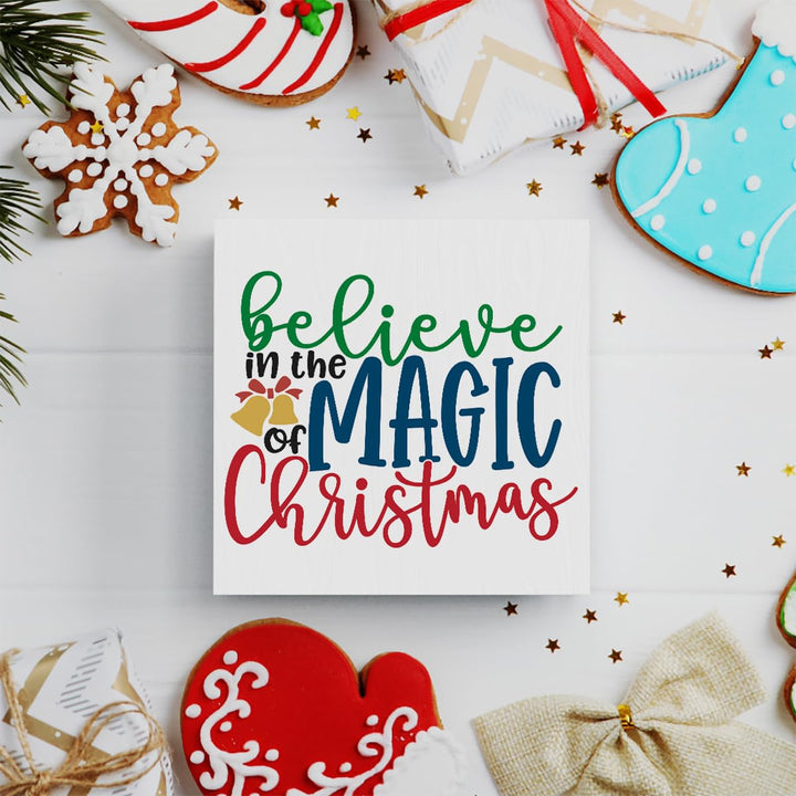 Funny Christmas Wooden Box Sign Plaque Believe in the Magic of Christmas Wood Box Sign Rustic Art Home Shelf Desk Decor 5 x 5 x 1 Inches
