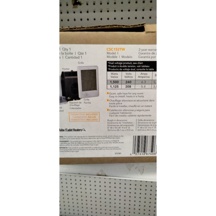 Cadet Com-Pak Electric Wall Heater Complete Unit with Thermostat (Model: CSC152TW, Part: 67506), 5120/3840 BTU, 240/208 Volt, 1500/1125 Watt, White