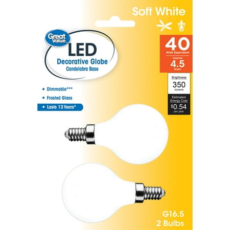 Great Value LED  4.5W (40W Eqv) G16 Globe E12 Candelabra Base  Dimmable  Soft White  2pk