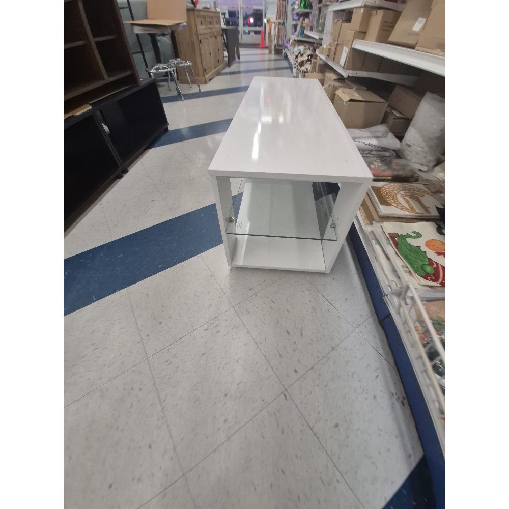 White TV Stand - Glass Shelves, Modern Design