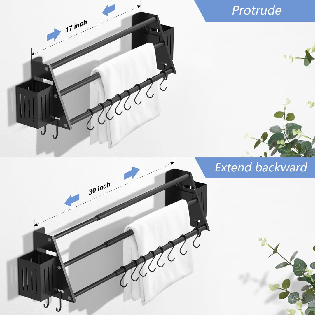 Towel Bars Freely Retractable 17-30 Inches Bathroom Towel Rack with Hooks and Storage Box,Matte Black 3-Tiers Ladder Towel Rails Free Hole Wall Mounted Adjustable,Multiple Towel Rack