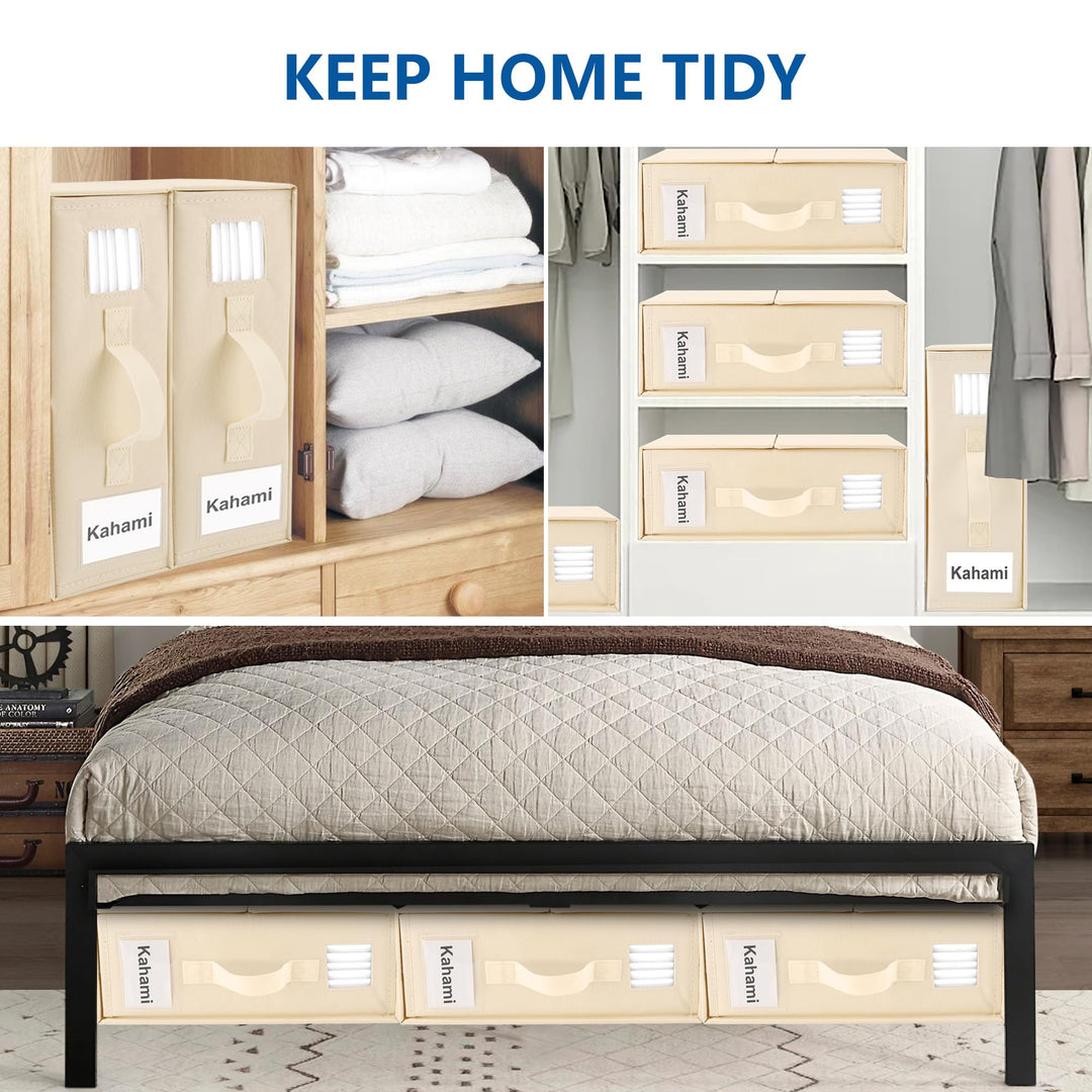 Kahami 4 Pack Bed Sheet Organizers and Storage, Foldable Sheet Organizer for Linen Closet, Bedding Sheet Set Organizer with Window (Queen & King Size), Beige