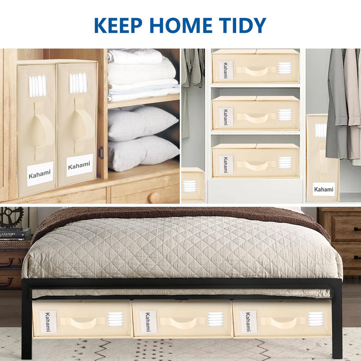 Kahami 4 Pack Bed Sheet Organizers and Storage, Foldable Sheet Organizer for Linen Closet, Bedding Sheet Set Organizer with Window (Queen & King Size), Beige