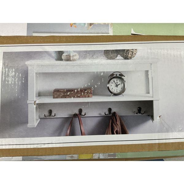 Wall Mounted Entryway Shelf - Rustic White, Storage Shelf, Coat Hooks Retail $75.00